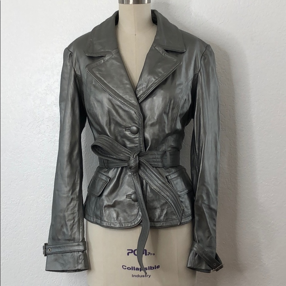 Silver metallic leather retro motorcycle jacket L